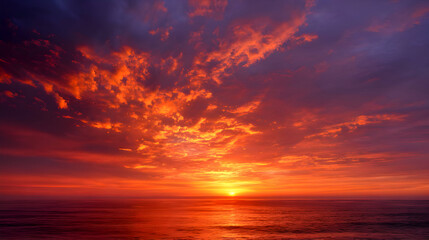 Golden sunset with dramatic clouds reflecting on sea horizon. 

