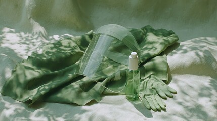 Green Protective Gear with Face Shield, Gloves, and Bottle Arrangement