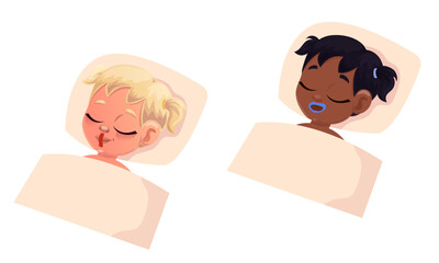 Flat design of children with taped mouths lying in bed to improve sleep and oxygenate the body. For brochures, internet, advertising