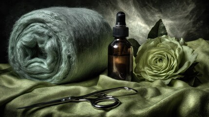Green Textile and Floral Arrangements with Scissors and Oil Bottle