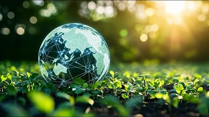 Transparent globe resting on green plants, symbolizing global interconnectedness and environmental consciousness. - Powered by Adobe