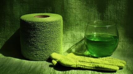 Green Textured Background with Gloves and Glass of Liquid