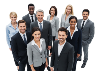 Group of Business Professionals in Formal Attire Posing on White Background