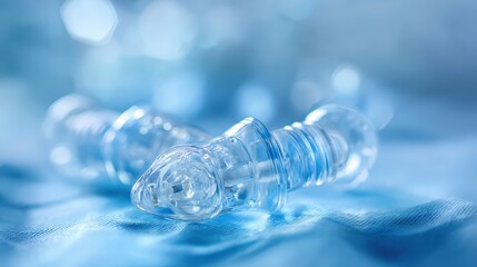 Clear Plastic Bottle Caps Reflected in Gentle Blue Background