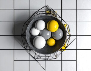 Gray Bowl with Colorful Balls on a White Grid Background.