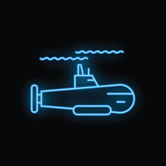 Blue neon icon of a submarine surfacing leaving a water trail