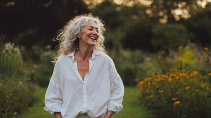 Elderly woman smiling while walking in garden during sunset  
