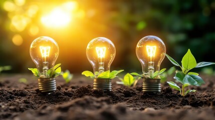 Growing Ideas with Light Bulbs and Green Plants in Soft Sunset Glow