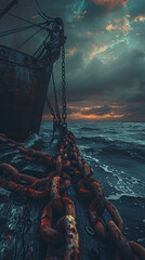 Seafaring vessel in tumultuous waters: An aged vessel anchored at sea, its weathered chain and hull contrast dramatically with the roiling ocean and a dramatic sky at dusk.