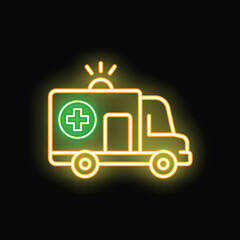 Yellow neon ambulance car glowing on black background, concept of emergency medical service