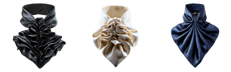 Three unique abstract fabric sculptures in black gold and blue isolated on transparent background