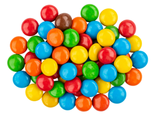  Pile of Assorted Candy Coated Chocolates in Vibrant Colors, Top-Down View, Isolated