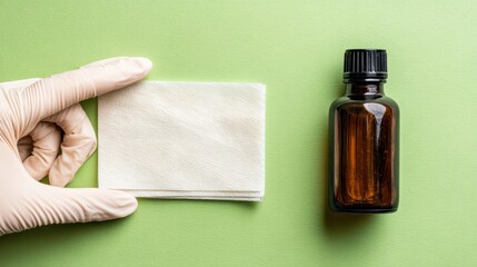 Hand in glove holding tissue near brown bottle on green background