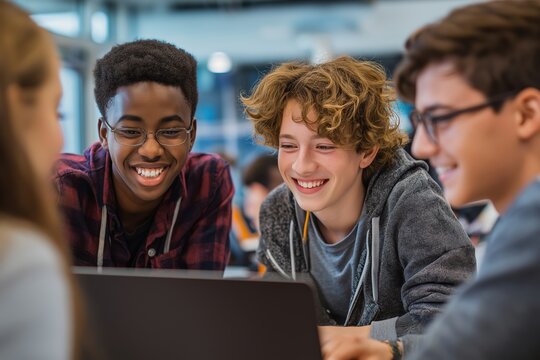 Diverse Group of Teenage Students Collaborating on a Laptop