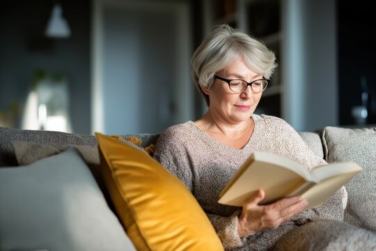 Senior woman relaxing on a comfortable sofa while reading a book - Powered by Adobe