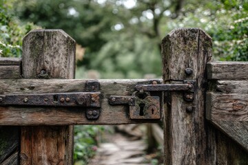 Aged wooden gate opening to a garden path