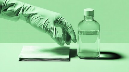 Hand in Glove Placing Test Tube Next to Clear Bottle on Surface