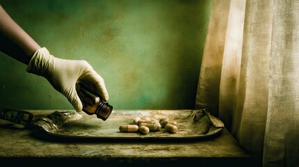 Hand in Gloves Pouring Pills from Bottle onto Vintage Metal Tray