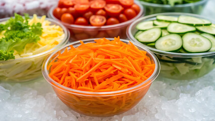 Freshly grated carrots and sliced cucumbers in clear plastic containers surrounded by other chopped vegetables