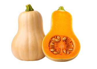 Close up of whole and halved butternut squash showing seeds and orange flesh on a black background