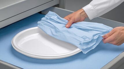 Hands Placing Blue Tissue Paper on White Dish in Kitchen Drawer