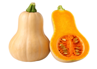 A butternut squash whole and a half exposing the seeds on a black background in a studio shot