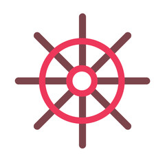 Fototapeta premium Stylized ships wheel icon with vibrant red outer ring and eight dark gray spokes.