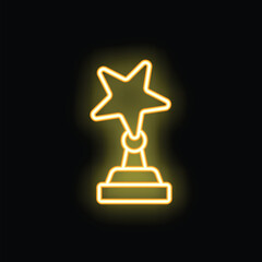 Neon trophy is glowing on a black background, representing victory and achievement