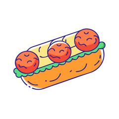 Whimsical Illustration of a Meatball Sub with Lettuce and a Smile