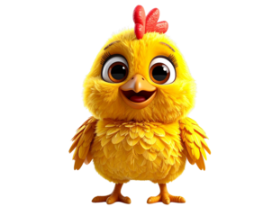 3D cartoon chicken with cheerful expression isolated on transparent background