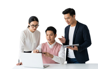 Fototapeta premium Collaborative Team Working Around Laptop in Professional Setting on White Background