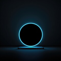 Empty circular neon blue glow frames a dark, modern pedestal display in a dark room.