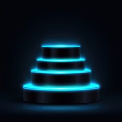 A tiered, circular platform, highlighted by vibrant blue neon, stands against a dark background.