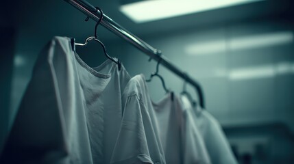 Hanging White T-Shirts on Metal Rack in Modern Laundry Room
