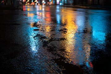 Fototapeta premium Wet pavement reflecting colorful urban neon lights and bokeh at night