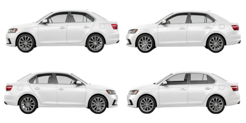 Four white cars displayed in a grid pattern showing the side profiles of the vehicles on black background