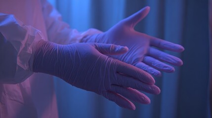 Healthcare Professional Preparing with Gloves Under Neon Lighting