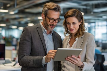 Two professional business colleagues collaborating over a digital tablet in the office