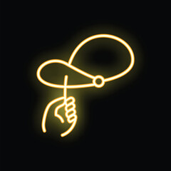 Neon sign icon of a hand holding a magic wand with a floating hat