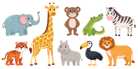 A collection of cartoon animals including an elephant giraffe and lion on a transparent background