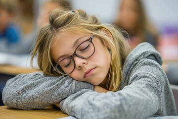 Tired young girl with glasses sleeping at her desk in a classroom