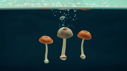 Three mushrooms slowly falling into clear water and floating upward, slow motion macro shot capturing freshness, bubbles, organic food, and underwater splash in high quality 4k video - Powered by Adobe