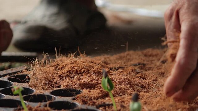 Slow motion close-up video of an elderly farmer's hands carefully planting a single seed into a nursery tray filled with coconut coir.