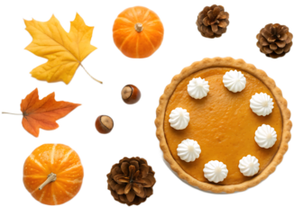 Autumnal arrangement featuring pumpkin pie leaves pumpkins pine cones and hazelnuts on black background