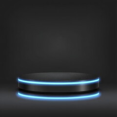 A circular, dark gray platform with glowing blue neon outlines, creating a modern and futuristic presentation design.