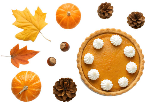 Autumnal arrangement featuring pumpkin pie leaves pumpkins pine cones and hazelnuts on black background