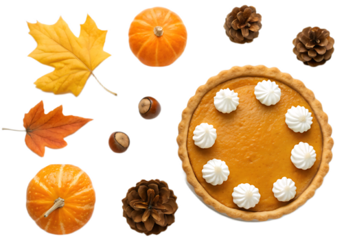 Autumnal arrangement featuring pumpkin pie leaves pumpkins pine cones and hazelnuts on black background