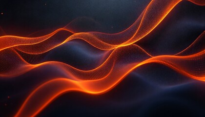 Abstract futuristic background with glowing, flowing orange energy waves and particles on a dark surface. Symbolizes data, sound, energy, and modern technology. A vibrant and dynamic composition