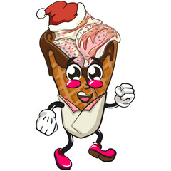 waffle ice cream with chocolate and sprinkles mascot walking while wearing a santa hat, work of hand drawn