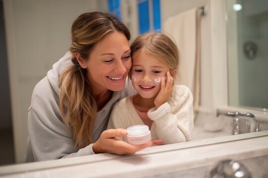 Cheerful mother and her young daughter applying face cream in the bathroom